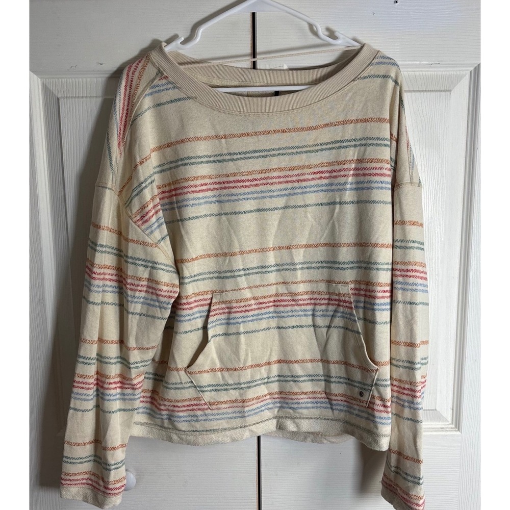 Prana Womens Large Striped French Terry Sweatshirt Pocket Cream Boho Size L